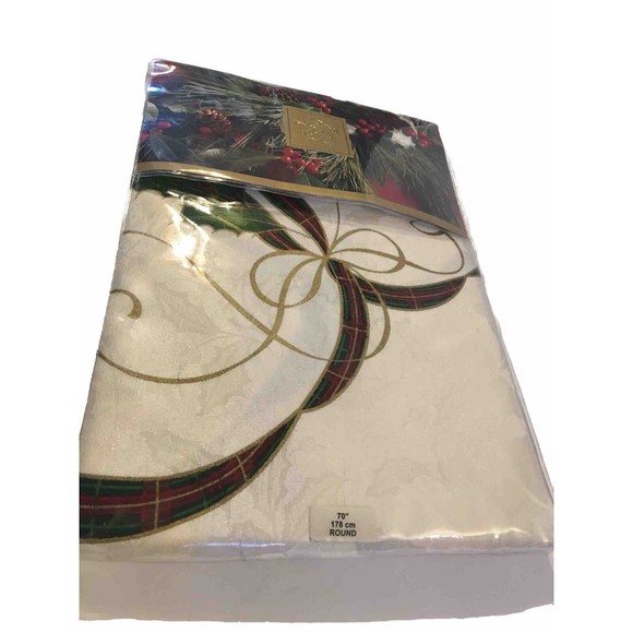 Lenox Holiday Nouveau Ribbon Multi Color Round 70" Tablecloth New Christmas Xmas - Picture 2 of 9